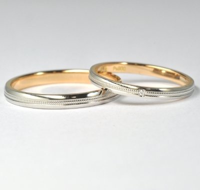 画像1: お値打ち！【ＲＵＮＯＡシリーズ】女性用天然石ダイヤ付・結婚指輪（マリッジリング）・Pt900(プラチナ)・Ｋ１８ＰＧ（ピンクゴールド）・ペアリング(指輪)