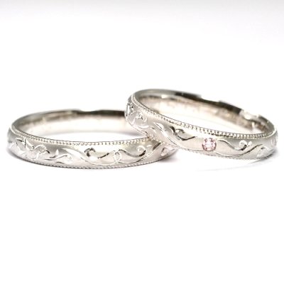 画像1: 女性用に天然石ピンクダイヤ付・手造り（ハンドメイド）・鳥モチーフの個性的なオーダーメイド結婚指輪（マリッジリング）・Pt900(プラチナ)・ペアリング(指輪)